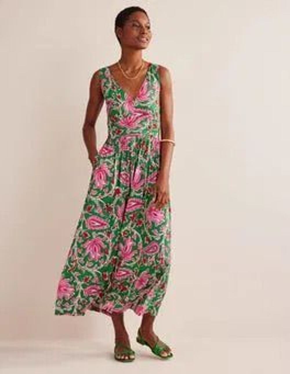 Boden Pink Green Floral Sleeveless Jersey Maxi Dress Size 10